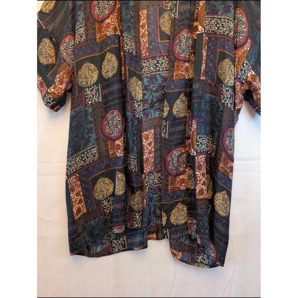 August Silk Intimates 100% Silk Kimono Robe Patchwork Tapestry Green Purple - Picture 6 of 11